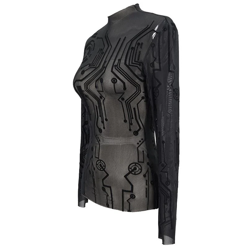 Damen Gothic Full Sleeves High Neck Sheer Lace Tops