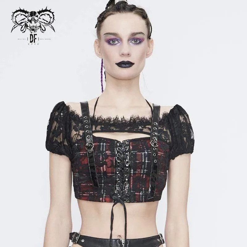 Damen Gothic Lace Overlay Scottish Check Short Puffed Sleeve Tops