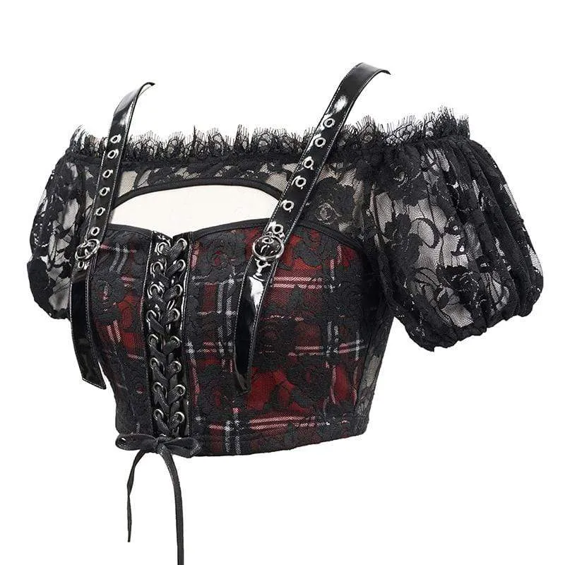 Damen Gothic Lace Overlay Scottish Check Short Puffed Sleeve Tops