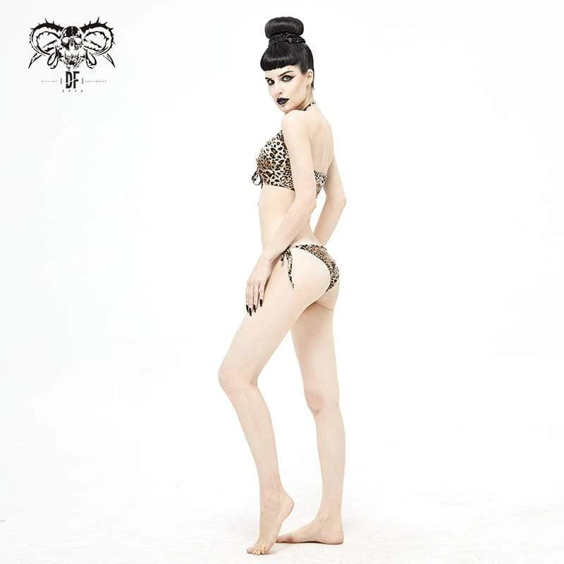 Damen Grunge Leopard Bedruckter Neckholder Bikini mit seitlicher Krawatte