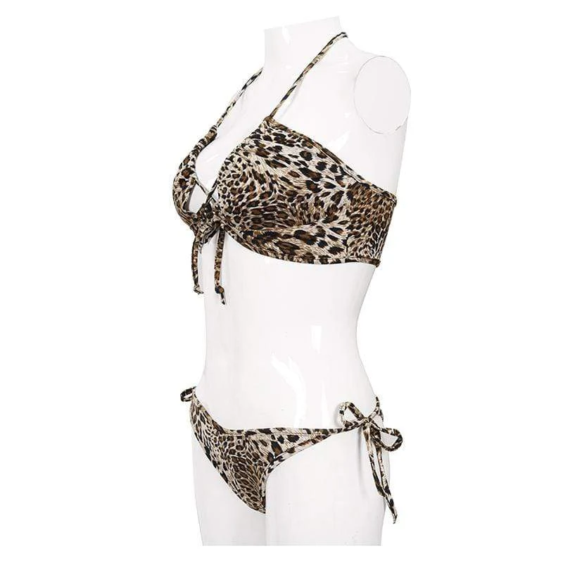 Damen Grunge Leopard Bedruckter Neckholder Bikini mit seitlicher Krawatte