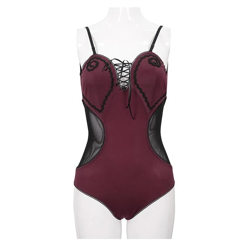 Gothic Badeanzug für Damen in Weinrot mit Ausschnitt und schwarzen Trägern