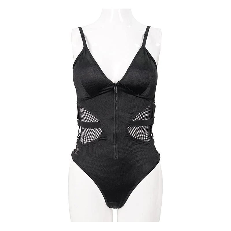 Damen Gothic Black Cutout Net Insert Einteiliger Badeanzug
