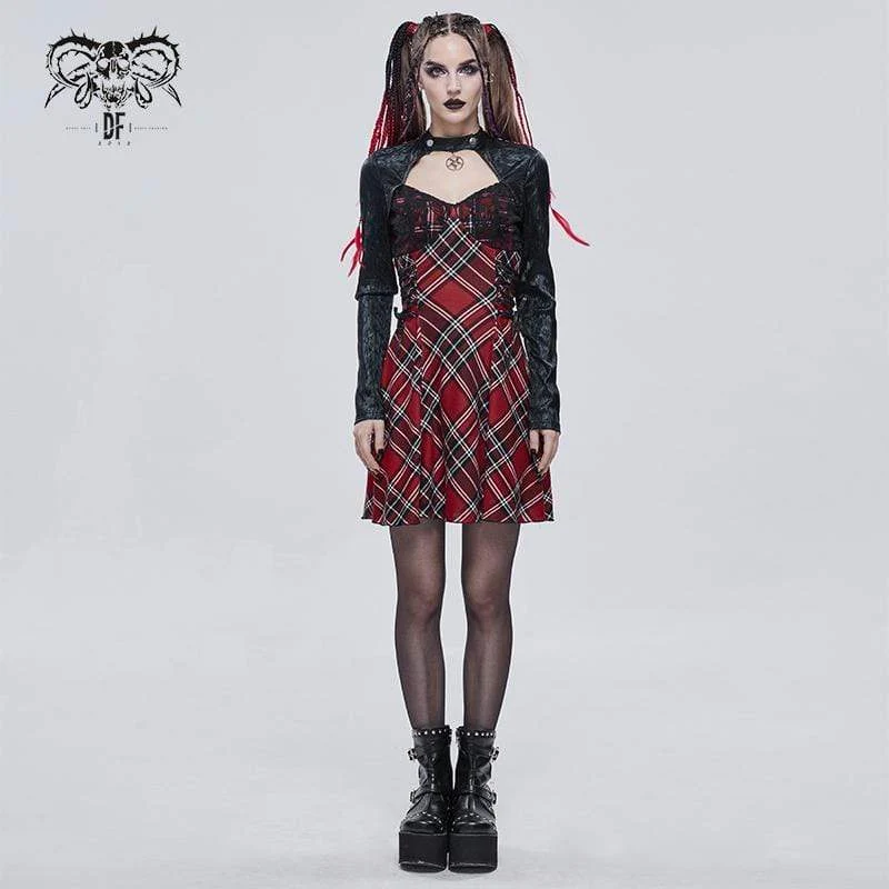 Damen Gothic Riemchen Cutout Splice Kariertes Kleid