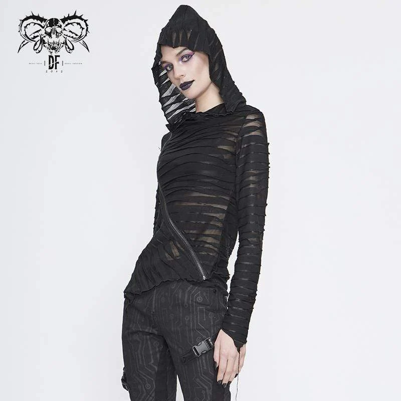 Damen Gothic Asymmetrical Sheer Langarm Tops mit Kapuze