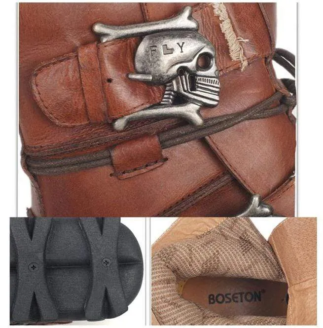 Herren Punk Skull Straps Rindsleder Lederstiefel