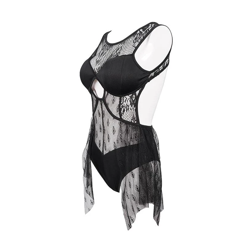 Damen Gothic Punk Schwarz Lacy One Piece Cutout Badeanzug