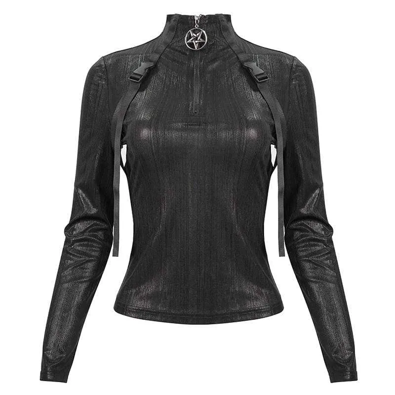 Damen Gothic Stickup Schnallen Reißverschluss Top