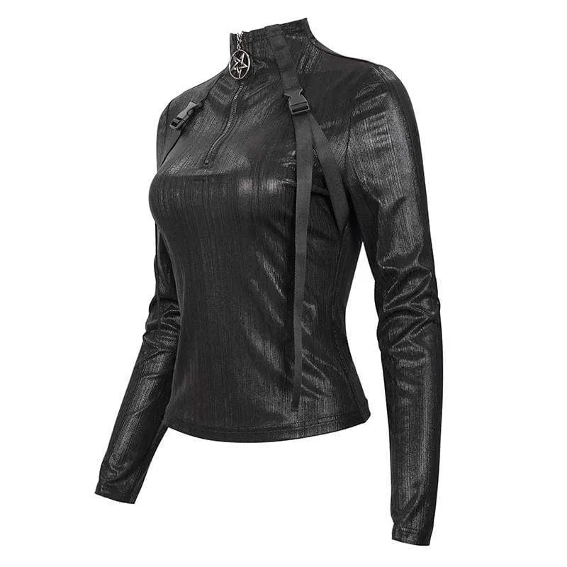 Damen Gothic Stickup Schnallen Reißverschluss Top