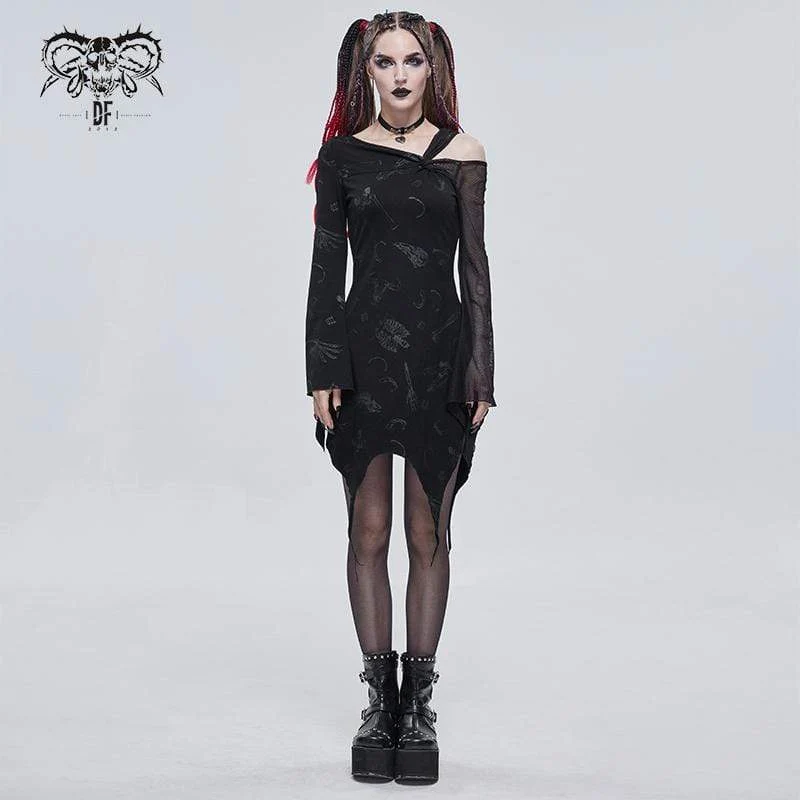 Gothic Toned Horn Sleeved Mesh Splice Kleid für Damen