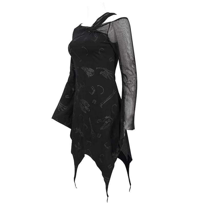 Gothic Toned Horn Sleeved Mesh Splice Kleid für Damen