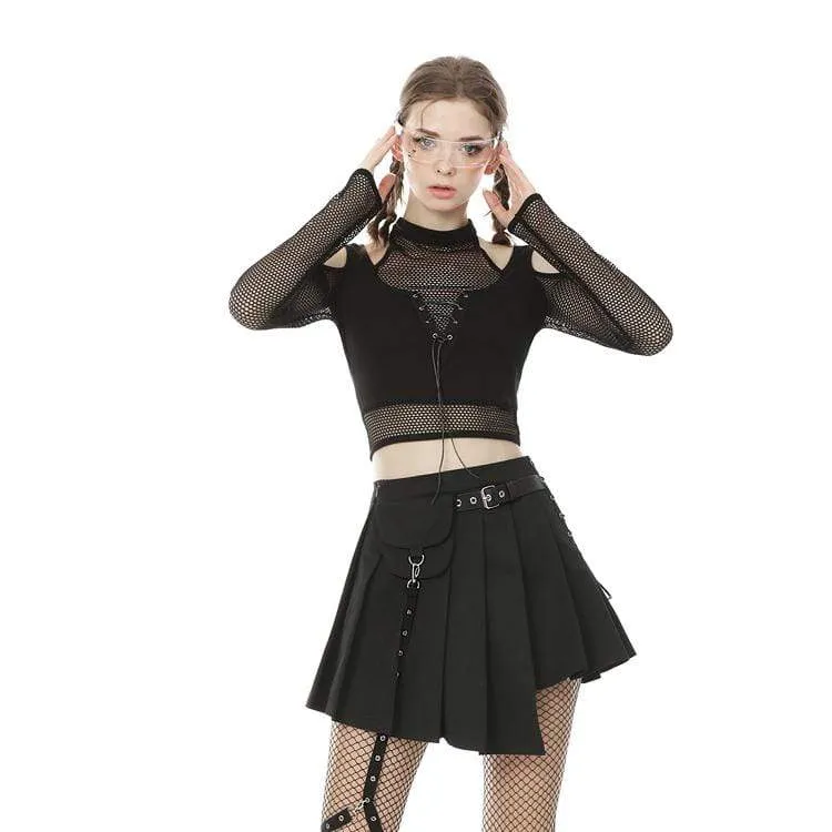 Frauen Punk Cutout Schulter Sheer Mesh Tops