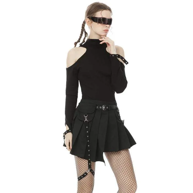Frauen Punk unregelmäßigen Saum Faltenröcke mit Hüfttasche