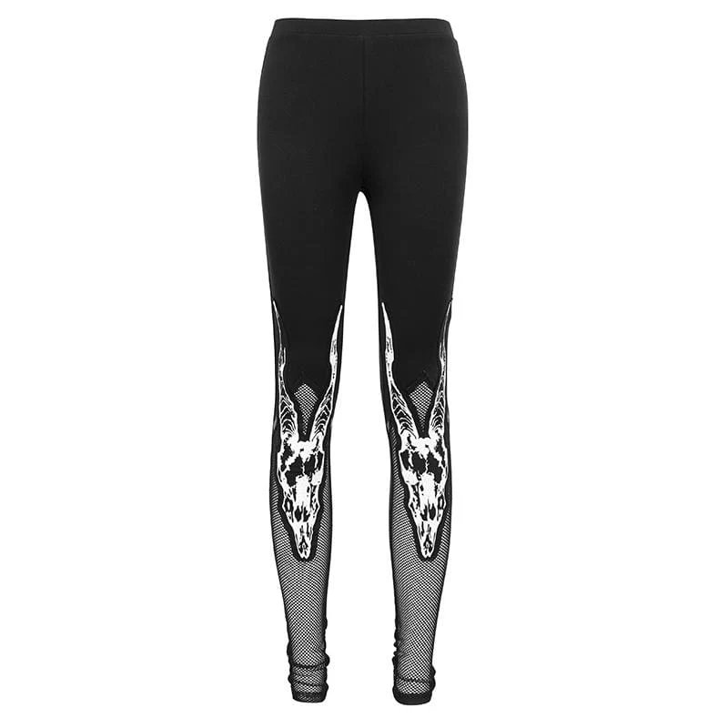 Gothic-Leggings mit Schafkopf-Print aus Netzstoff für Damen