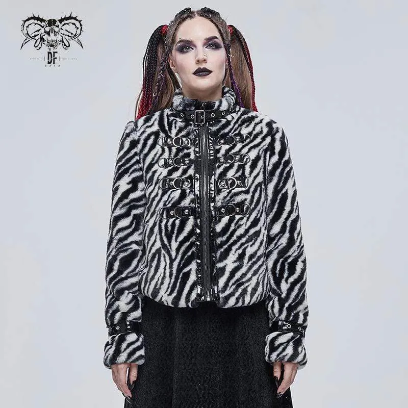 Gothic-Jacke mit Stehkragen für Damen mit Zebrastreifen-Schnallen