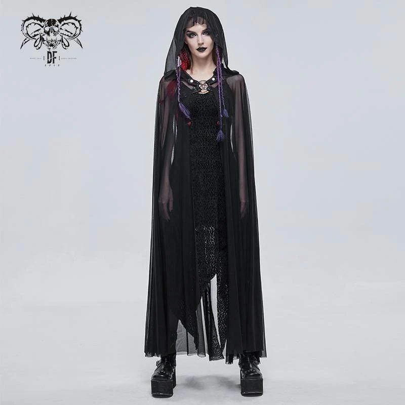Damen Gothic Schnallen Sheer Long Umhang mit Kapuze
