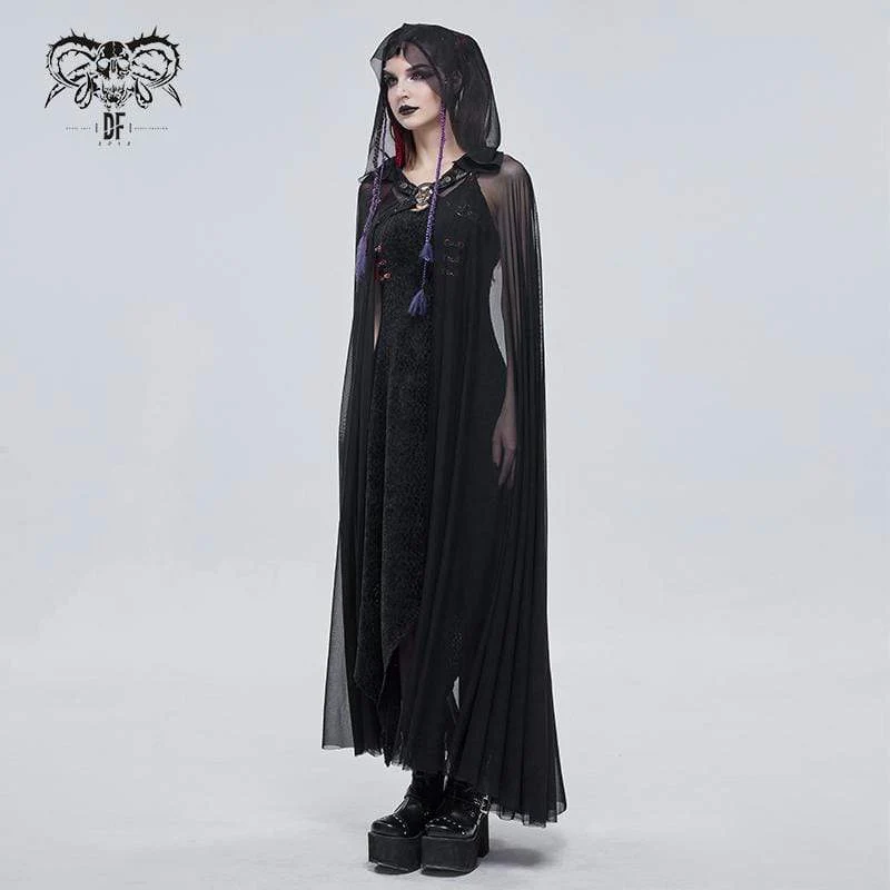 Damen Gothic Schnallen Sheer Long Umhang mit Kapuze