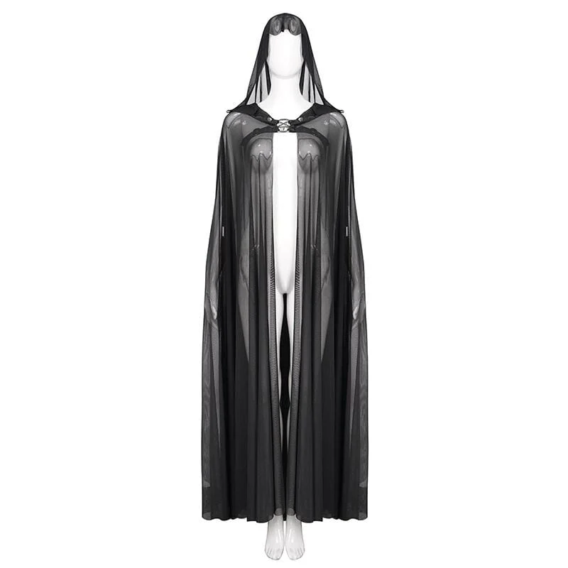 Damen Gothic Schnallen Sheer Long Umhang mit Kapuze