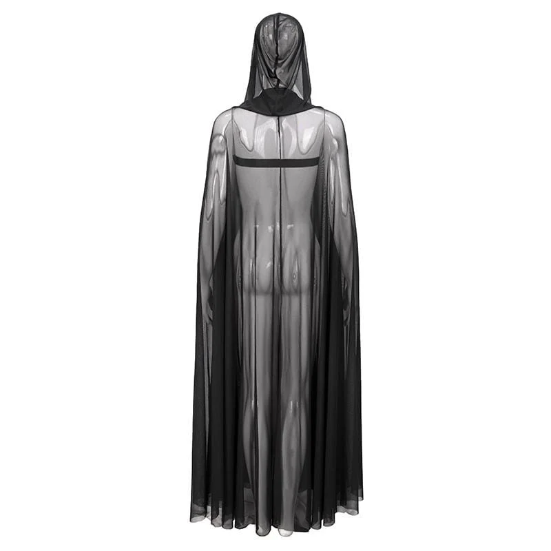 Damen Gothic Schnallen Sheer Long Umhang mit Kapuze