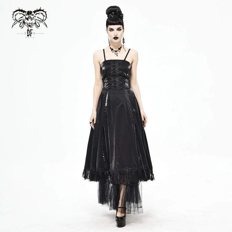 Damen Gothic Kordelzug Spitze Spleiß Schwarzes Unterkleid Brautkleid