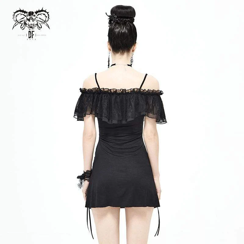 Schwarzes, gotisches, mehrlagiges Slipkleid mit Kordelzug für Damen, Abschlusskleid