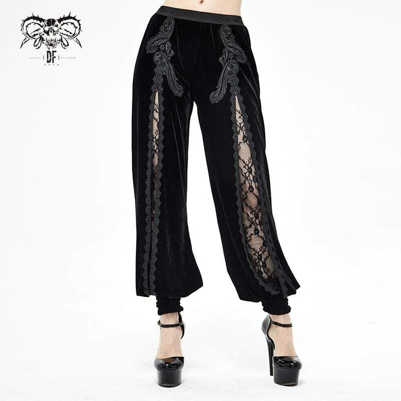 Gothic Furcal Schwarze Hose mit Blumenstickerei für Damen