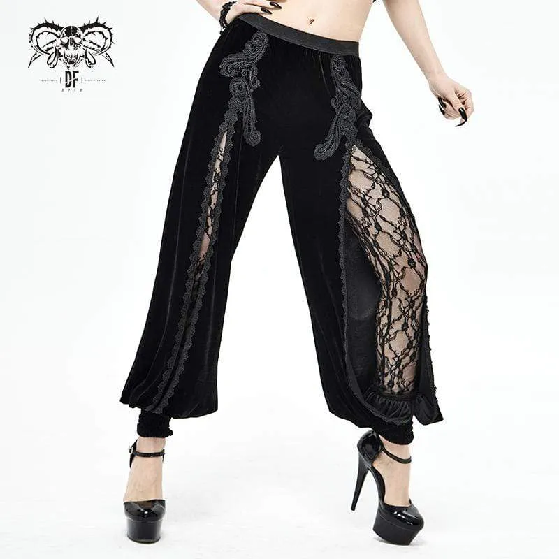 Gothic Furcal Schwarze Hose mit Blumenstickerei für Damen