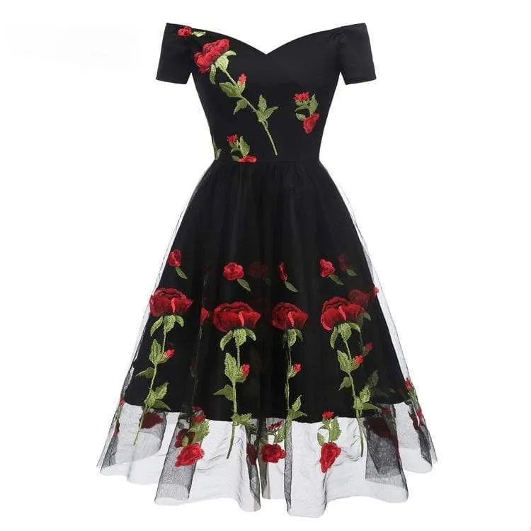 Frauen Vintage Off Shoulder Rose Lace Partykleider Brautkleider