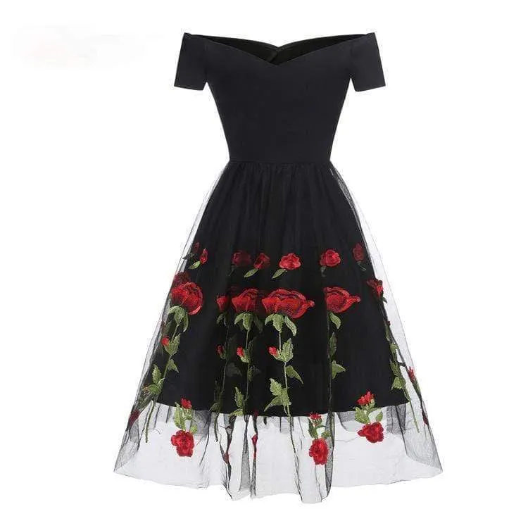 Frauen Vintage Off Shoulder Rose Lace Partykleider Brautkleider