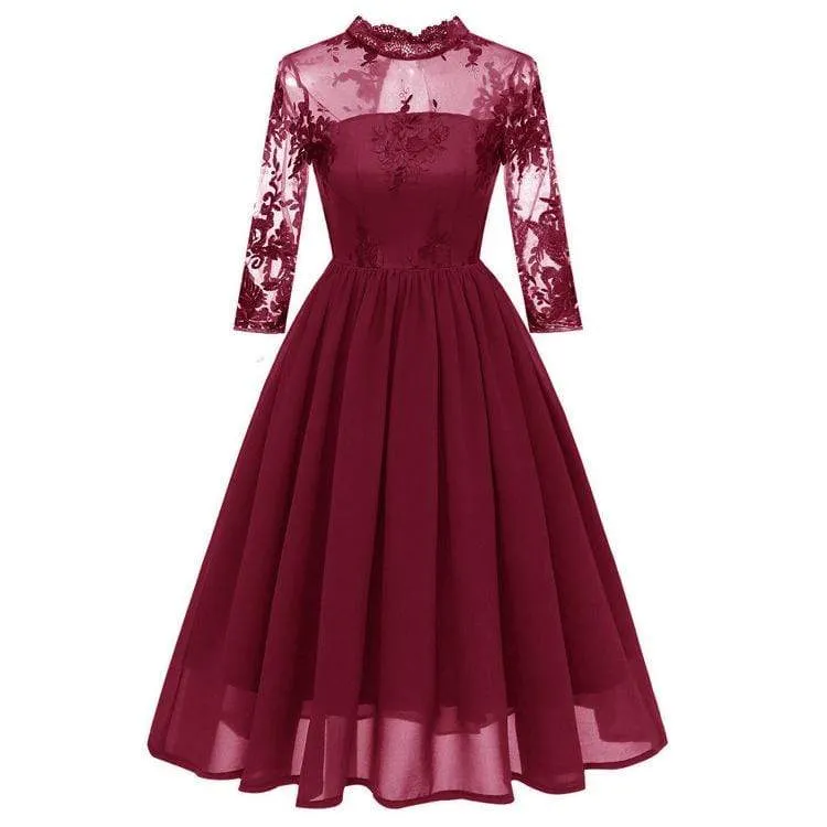 Damen Spitzenärmel Chiffon Partykleider Hochzeitskleid