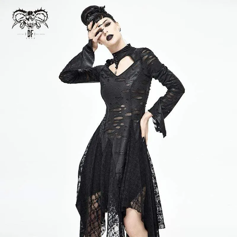 Damen Gothic Riemchen Ripped Splice Schwarzes Kleid