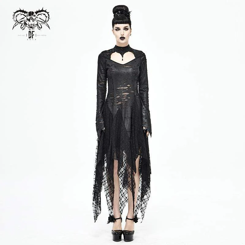 Damen Gothic Riemchen Ripped Splice Schwarzes Kleid