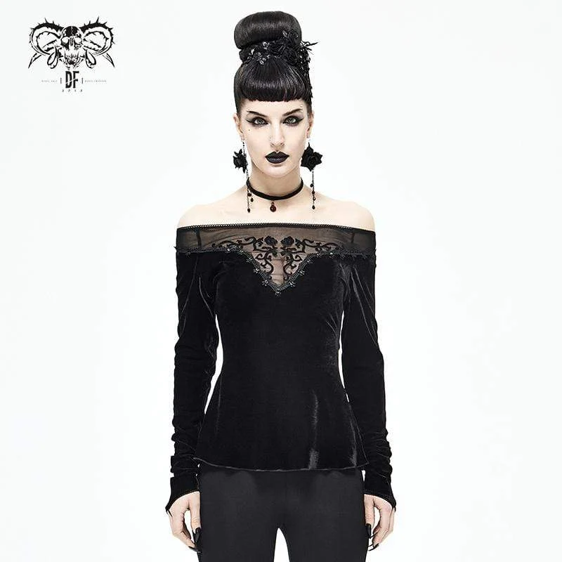 Gothic Off Shoulder Damen Top mit Blumenstickerei in Schwarz