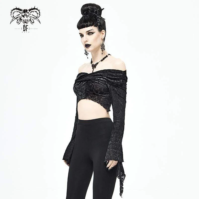 Schwarzes, schulterfreies Gothic-Crop-Top mit ausgestellten Ärmeln für Damen