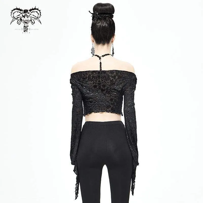Schwarzes, schulterfreies Gothic-Crop-Top mit ausgestellten Ärmeln für Damen