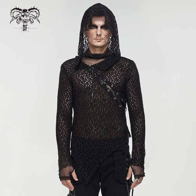 Herren Gothic Strappy Irregular Mesh Shirt mit Kapuze