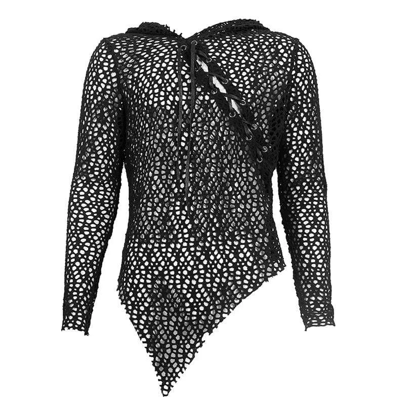 Herren Gothic Strappy Irregular Mesh Shirt mit Kapuze