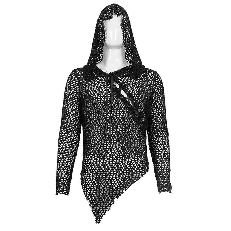 Herren Gothic Strappy Irregular Mesh Shirt mit Kapuze