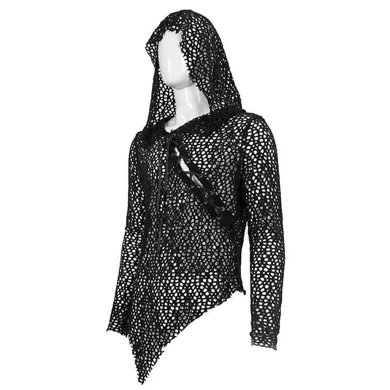 Herren Gothic Strappy Irregular Mesh Shirt mit Kapuze