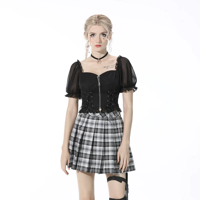 Schwarzes Crop Top mit Punk-Puffärmeln und Reißverschluss für Damen