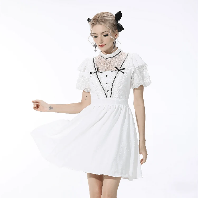 Weißes Gothic-Kleid mit Puffärmeln und Schleife für Damen, ideal für den Schulabschluss