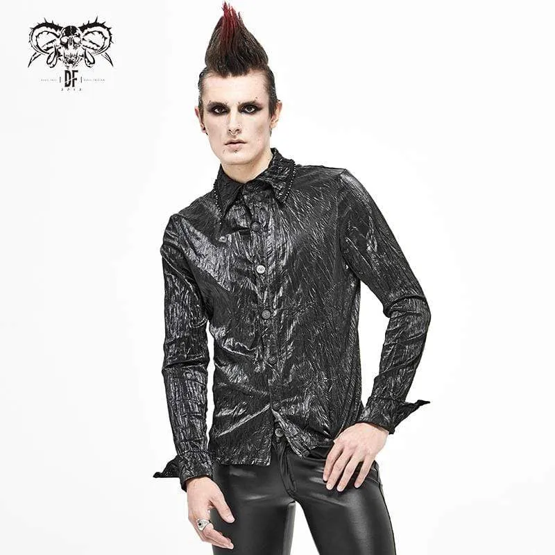 Herren Gothic Vintage Drape Kunstleder Schwarzes Hemd