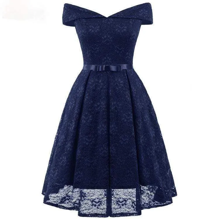 Damen Vintage Schulterfrei Spitze Partykleider Brautjungfernkleider mit Schleife Gürtel Hochzeitskleid