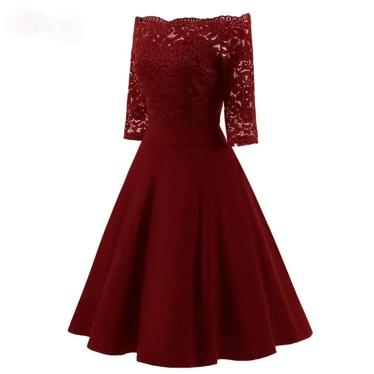 Damen Schulterfrei Spitze Partykleider Brautjungfernkleider Hochzeitskleid