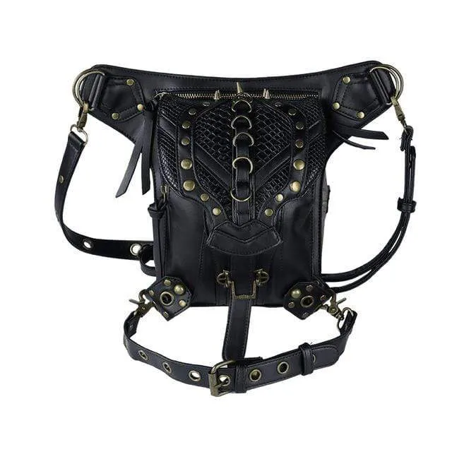 Damen Steampunk Chain Kunstleder Gürteltasche Steampunk Hip Bag Black Holster