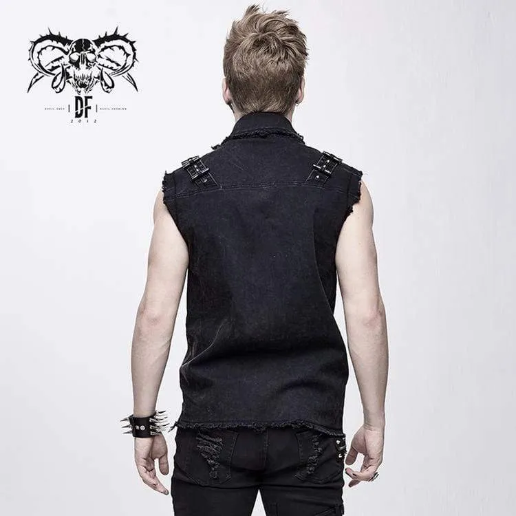 Herren Punk Nieten Ripped Denim Weste