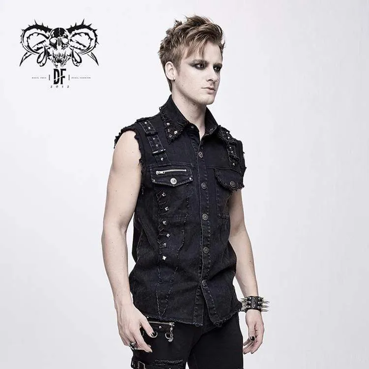 Herren Punk Nieten Ripped Denim Weste