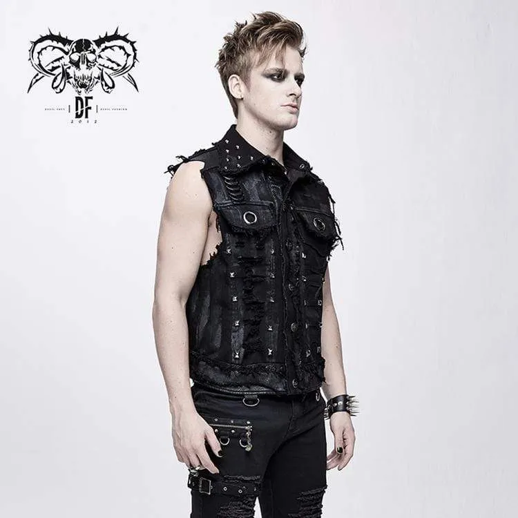 Herren Punk Skull Rivets Ripped Weste