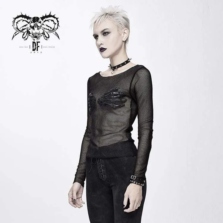 Frauen Goth Skull Sheer Mesh Tops