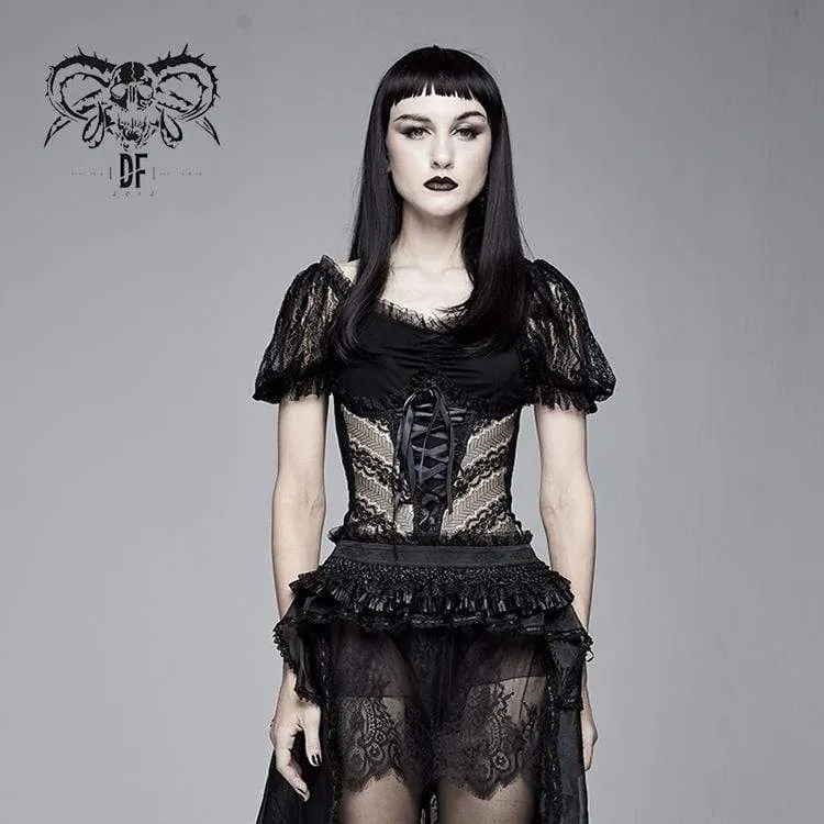 Frauen Goth Sheer Lace Puff Sleeved Tops